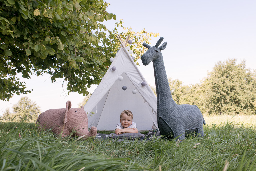 Junge liegt in einem weißen Zelt auf der Wiese, neben im steht ein rosa Elefant und eine graue Giraffe. Kindergartenfotografie Düsseldorf
