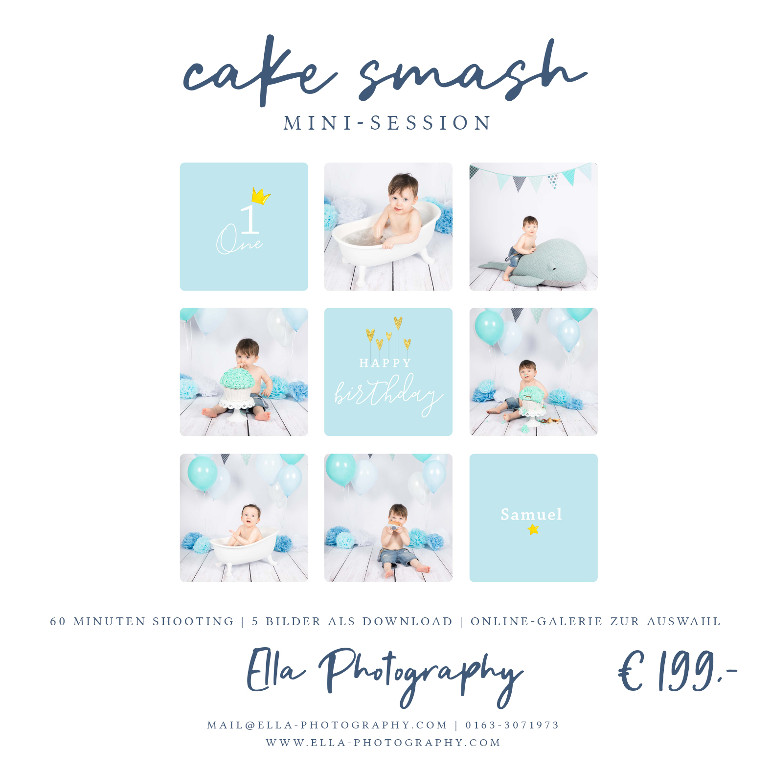 Aktion Cake Smash Shooting Mini Session kleiner Junge auf weißem Fotohintergrund mit Torte, Stofftier-Wal und bunten Luftballons